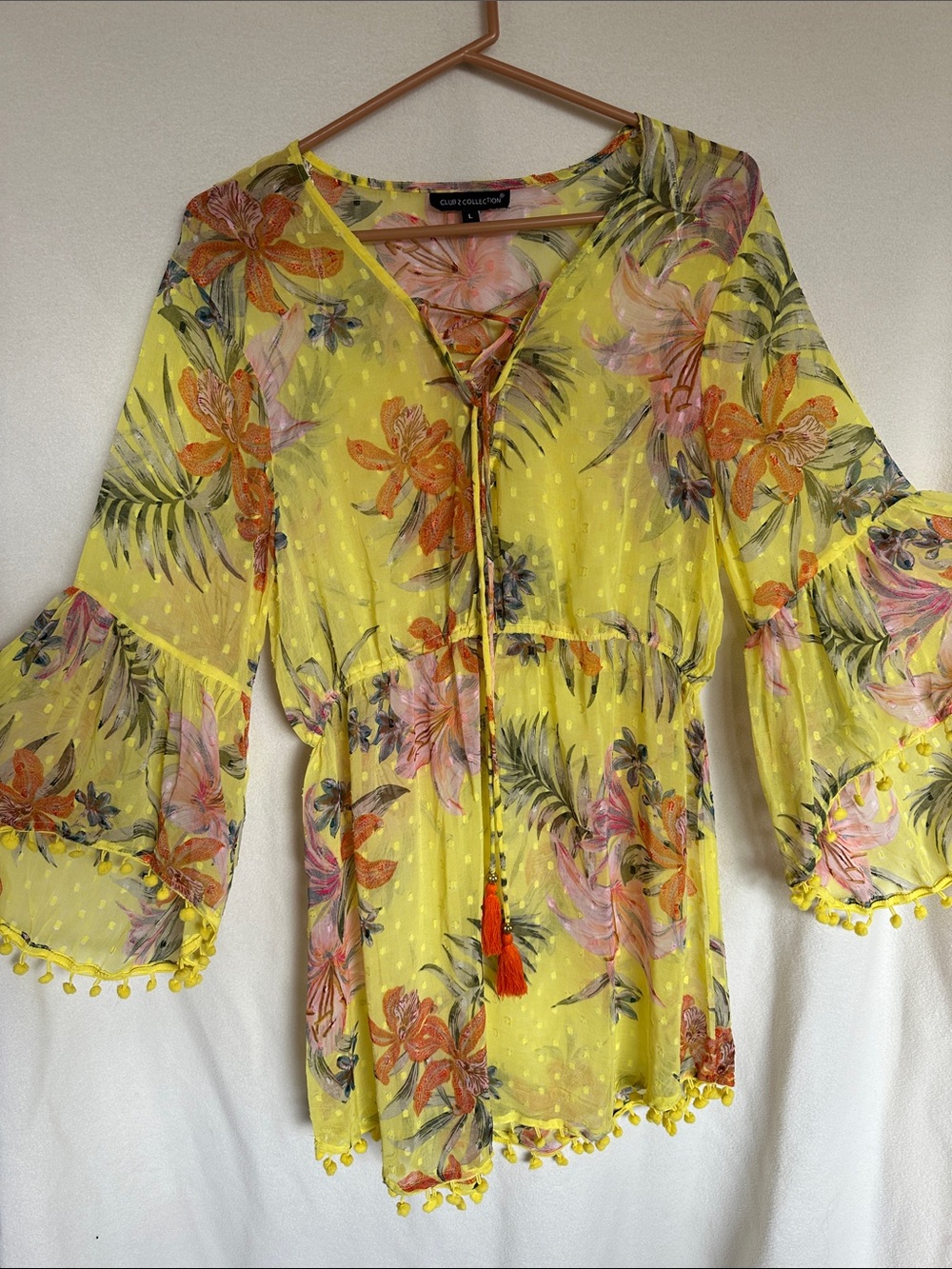 Floral Yellow Tie-Front Peasant Top Club Z Collection Large